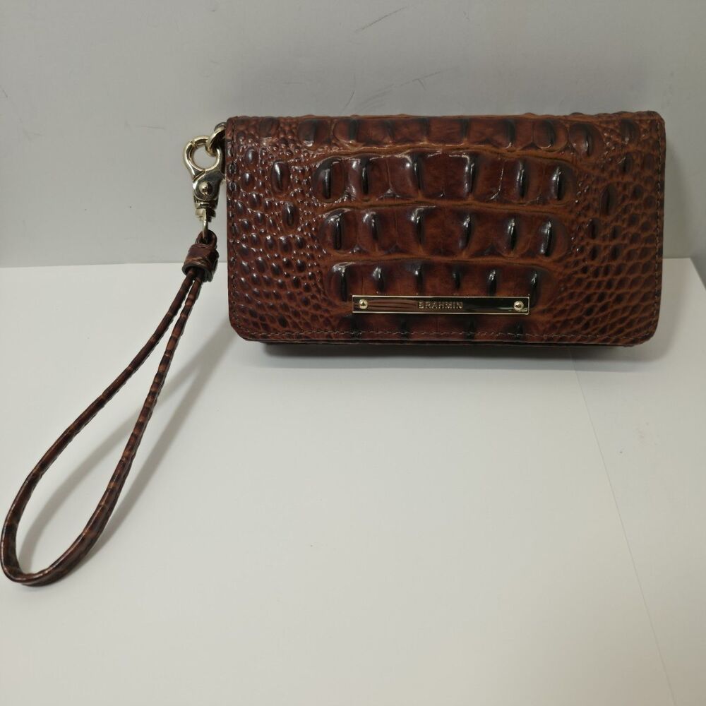 Brahmin Debra Melbourne Wristlet Croc Embossed Leather Wallet in Pecan